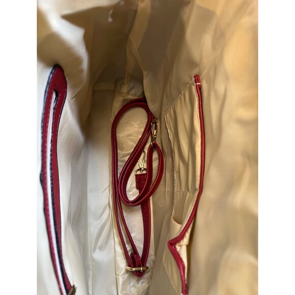 Red Solid Pattern Faux Leather Tote Bag Top Zip Inner Pockets with Strap 15”x12” - Picture 3 of 6